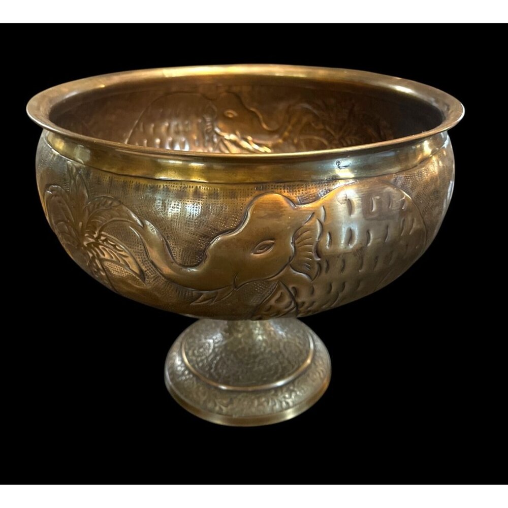 Vtg Lacquered Brass Pedestal Bowl Made In India Etched Elephants Palm Trees - Picture 1 of 7